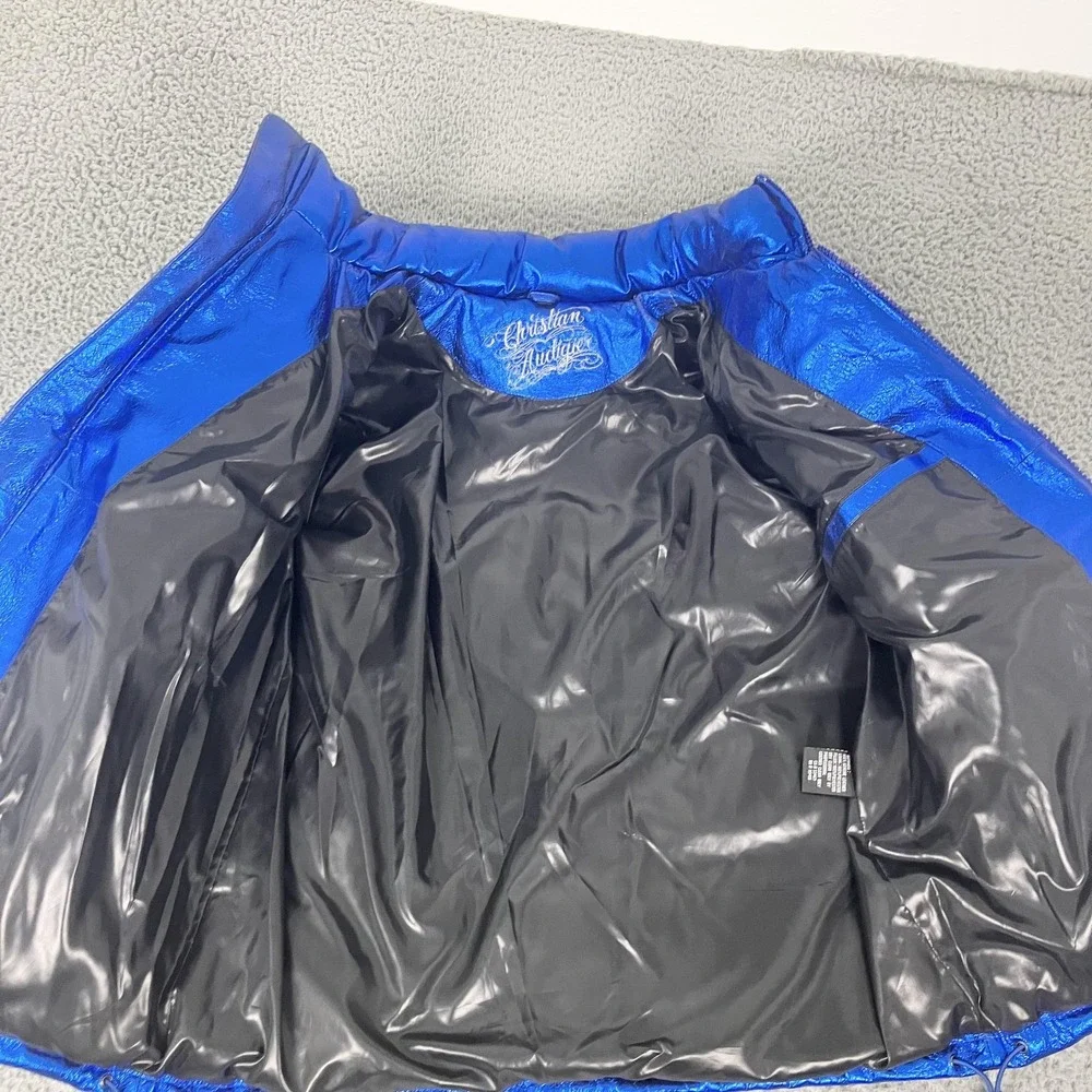 Christian Audigier Jacket Mens Medium Blue Leather Puffer Metallic‎ Y2k